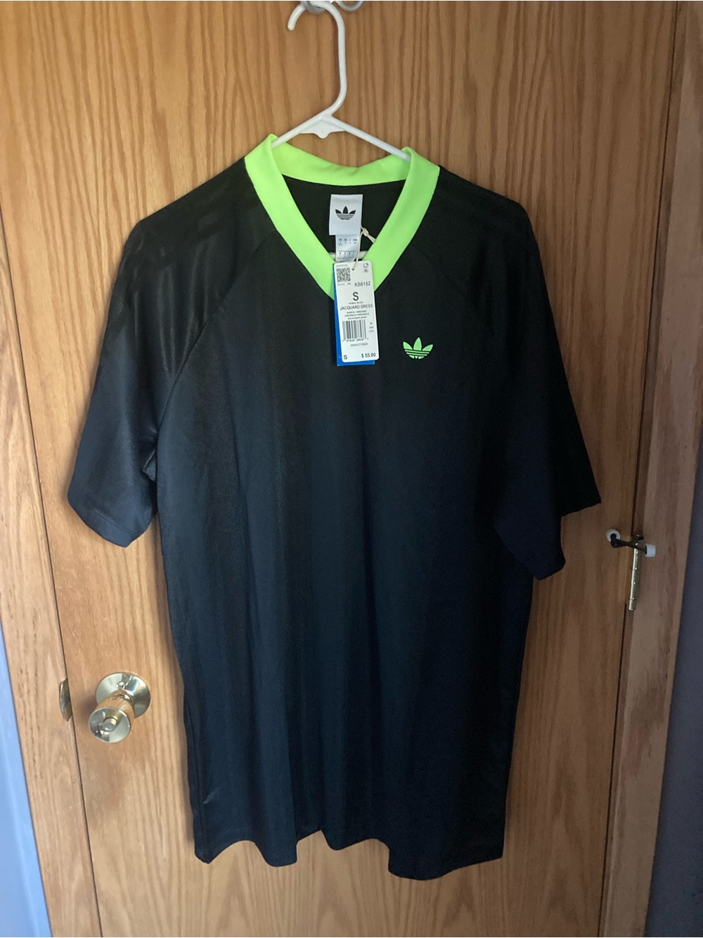 Adidas Jacquard Black Jersey Inspired Dress with Neon Green Trim - Small